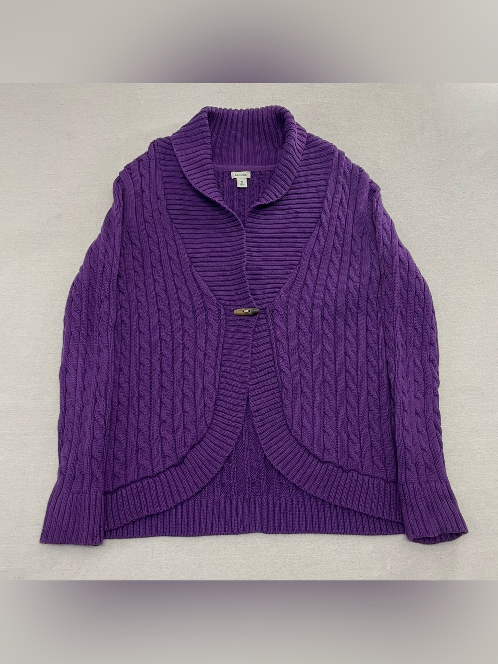 LL Bean Purple Cable-Knit Shawl Collar Women's Cardigan Sweater M Cotton